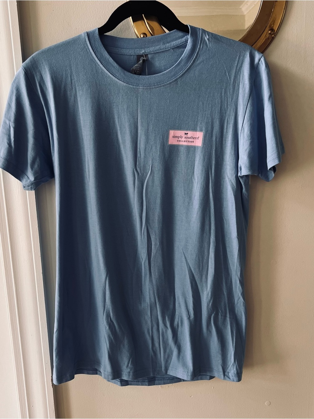 Simply Southern Light Blue Short Sleeve Crewneck Tee with Pink Patch